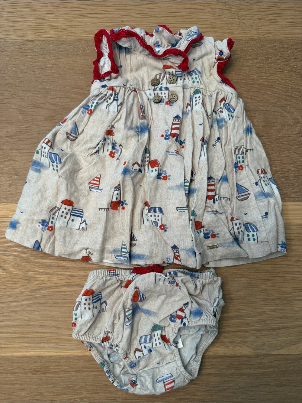 Mayoral Baby Girls Nautical Print Cream Dress and Bloomers - Red Trim